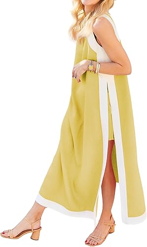 Hooever Women's 2 Piece Sets Boho Color Block Sleeveless Maxi Dress Matching Shorts with Pockets
