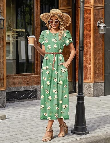 Zeagoo Summer Dresses for Women 2026 Maxi Bohemian Floral Short Sleeve Long Dress Casual Flowy Tired Beach Sundress